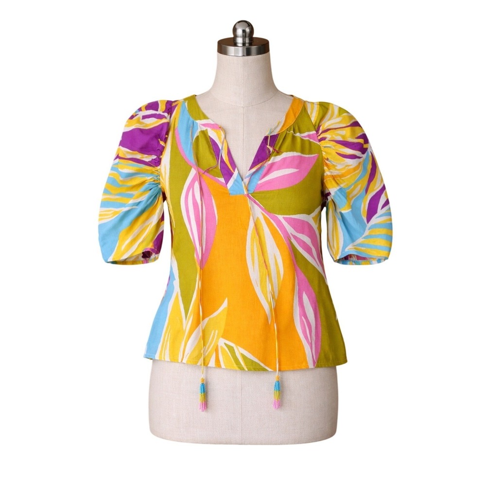 Christian Siriano New York Linen Blend Tropical Puff Sleeve Beaded Tassel Top XS
